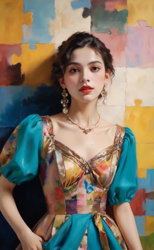 puzzle, highly detailed, UHD, Mysterious, hyperdetailed, photorealistic, a young woman dressed in a chic and colorful ensemble, art by John Singer Sargent, colorful,  lively and vibrant background , natural grace and charming, visually compelling and elegant composition, sony a7 mark iv 35mm lens, high_res