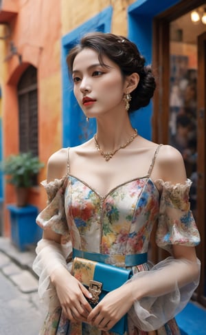 long view puzzle, building of chao, highly detailed, UHD, Mysterious, hyperdetailed, photorealistic, a young woman dressed in a chic and colorful ensemble, art by John Singer Sargent, colorful,  lively and vibrant background , natural grace and charming, visually compelling and elegant composition, sony a7 mark iv 35mm lens, high_res,jyutaku