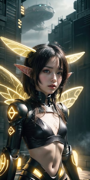 best quality,  extremely detailed,  HD,  8k, imagine a futuristic city, where magic and high-tech science coexist, an ((fairy)) girl with small wings stading next to ((humanoids robot)), ((elf ears)), (( yellow glowing wings)), GlowingRunes_, ((upper body)), futuristic city scene as background, ((extremely detailed background)) ,FFIXBG,shodanSS_soul3142