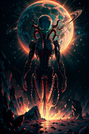 A breathtaking 8K AI-generated image reveals a stunning alien landscape In this breathtaking ultra UHD picture, immerse yourself in an otherworldly realm where an awe-inspiring Xenomorph alien takes center stage. Against the backdrop of an alienated landscape, the creature stands tall and imposing, its sleek black exoskeleton glistening with an otherworldly sheen.

The Xenomorph's elongated head, adorned with intricate biomechanical details, gazes out into the horizon with haunting phosphorescent yellow eyes, hinting at the depths of its extraterrestrial intelligence.

Surrounded by the surreal beauty of the alien landscape, you'll witness a kaleidoscope of vibrant planets, each displaying distinct colors and patterns in the distant sky. The planets seem to dance in harmony, forming a cosmic ballet that adds to the ethereal atmosphere of the scene.

The landscape itself is a mesmerizing tapestry of unique and bizarre elements, with towering rock formations taking on extraordinary shapes and bioluminescent flora illuminating the alien terrain with an otherworldly glow.

As the Xenomorph stands as a formidable guardian of this enigmatic realm, the contrast between its nightmarish appearance and the exquisite beauty of the alienated landscape creates an intriguing juxtaposition that beckons viewers to explore the depths of this extraordinary universe.

This ultra UHD picture invites you to lose yourself in the stunning details and immerse yourself in the mysterious allure of the unknown, where the Xenomorph's eerie presence stands as a testament to the boundless creativity of the cosmos.