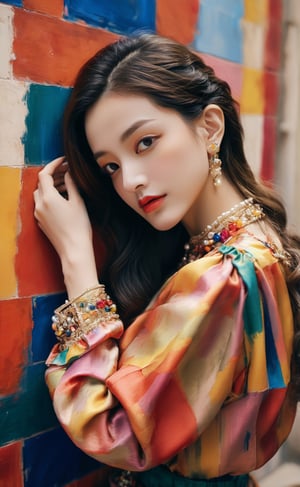 long view puzzle, highly detailed, UHD, Mysterious, hyperdetailed, photorealistic, a young woman dressed in a chic and colorful ensemble, art by John Singer Sargent, colorful,  lively and vibrant background , natural grace and charming, visually compelling and elegant composition, sony a7 mark iv 35mm lens, high_res,jyutaku,beautymix