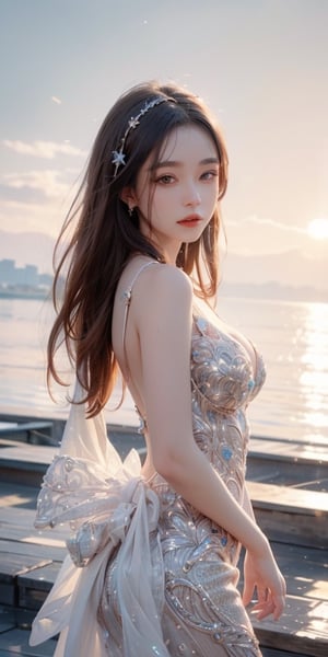 (((best quality))), (((ultra detailed))), (((masterpiece))), illustration,"1girl, sunset, large breast with sequin, sea outdoor scene,