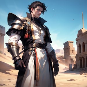 Young prince of the Arab with a shiny armor standing bravery after a holy battle in the desert, short-hair, good looking, white clothes, royal dressing, heroic pose, detailed background, the sky at down, ancient history 