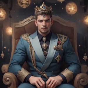 King of the asteroid belt A regal portrait of a man with a crown  of meteorites , sitting on a throne made of shattered, his gaze commanding respect and awe. 
