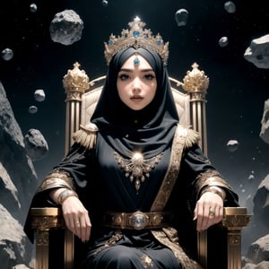 Queen of the asteroid belt A regal portrait of a hijaby woman with a crown of meteorites, sitting on a throne made of shattered asteroids and has a justice symbols, a justice scale behind her, her gaze commanding respect and awe.
