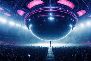 masterpiece, man standing, at the concert, full of neon light, fog, crazy atmotsphere, intricate, UltraHD, 8k, ocatane render, 