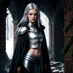 realistic, ultra high resolution, cinematic background, cinematic light, dynamic light, dynamic backgroound, a girl, serious but calm female knight with a sly wise look, dressed in silver armor, hidden under black robes with a red cloak. Silvery white hair. Silver eyes. Light snow. Abandoned ruins with greenery. Shining blue glow silvery sword.,Anyageraldine