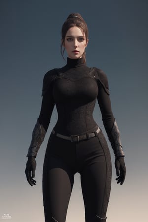 beautiful woman, perfect face, dark brown ponytail hair, standing, full black fabric texture armor, black long textured fabric breeches, blurry sky background, intricate, UltraHD, 8k, octane render, ulta realistic