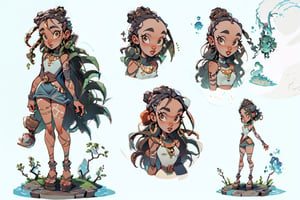 masterpiece,best quality,highres, (Charactersheet:1),1girl,African, different_views, character_turnaround, dreads, dual swords, background_sky, pond, standing_up, full body