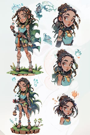 masterpiece,best quality,highres, (Charactersheet:1),1girl,African, character_turnaround, dreads, dual swords, background_sky, pond, standing_up, full body