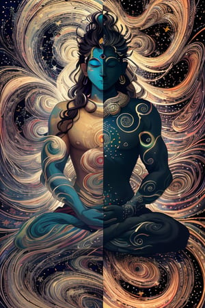 Shiva with celestial stars in his hair a zen sky background with stars, swirls in the background, mindfulness theme, zen energy
