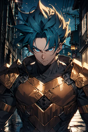 ((Masterpiece, highly detailed, extremely detailed, beautiful, HD)), (extremely detailed CG unity 8k wallpaper, masterpiece, best quality, ultra-detailed, best shadow), (detailed background), (masculine detailed face, fierce detailed blue eyes), area lighting, body shot,  power posing, HD, 8k, 1man, gold hair, dragon ball z, vegito, looking forward, crimson armor