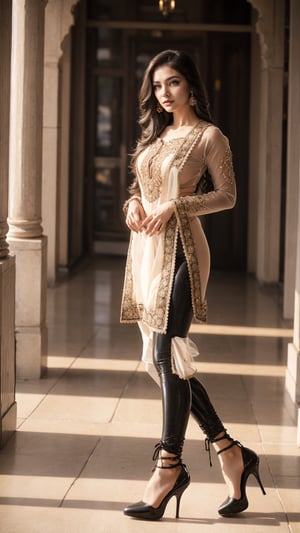 (full body shot), (inspired by Amy Jackson), A beautiful Indian women wearing a net kurta, (knee length kurta, laces kurta, net sleeve, skinny salwar), perky breasts, deep neck, Indian outfits, beautiful suit, gorgeous looking, ultra detailed face, red lips, high heel, high quality picture, candid picture, ultra detailed face, realistic face, Indian outfits, Indian traditional, elegant costumes, ,1 girl
