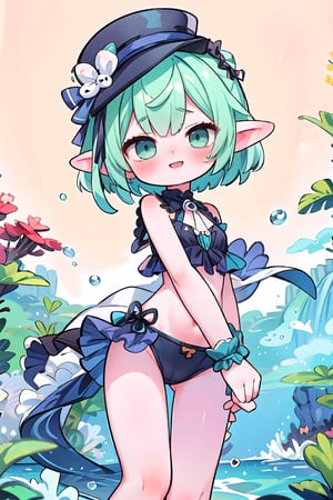 (masterpiece), best quality, high resolution, highly detailed, simple background, perfect lighting, look at viewer, dynamic pose, female focus, beautry; short_green_hair; Elf_girl; smile; black_top_hat; pervert_face; shy; ocean; naked; cute; loli; close-up;