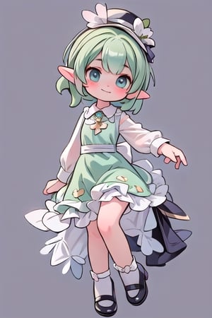 masterpiece,  best quality,  detailed face,  detailed eyes,  lolicon, a elf girl smiling,  freckles,  short green hair,  black top hat with a mint garnett,  cute dress,  elegant pose,  dynamic angle,  ((full body)),  (sfw), 