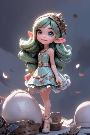 masterpiece, best quality, detailed face, detailed eyes, a elf girl smiling, freckles, short green hair, black top hat with a mint garnett, cute dress, elegant pose, dynamic angle, ((full body)), (sfw),