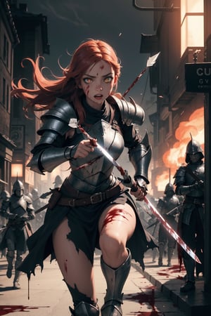 Highres, best quality, extremely detailed, area lighting in background, HD, 8k, 1girl, armor, fiery eyes, running, holding a sword, overlooking an army, horror style, area lighting in background, torn clothes, absurdress, blood, blood splatter, flying arrows