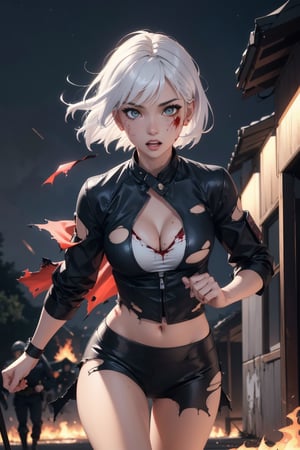 Highres, best quality, extremely detailed, area lighting in background, HD, 8k, 1girl, white hair, cleavage, female ninja, fiery eyes, running, overlooking an army, horror style, area lighting in background, (torn clothes:1.2), absurdress, blood, blood splatter, night, sfw