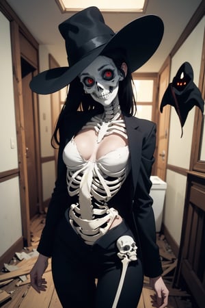 Masterpiece, 1girl, spooky skeleton stands in an abandoned house, wearing a black suit and a hat. He has no flesh and red eyes, looking at the viewer with humor, cleavage 