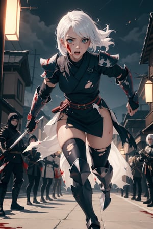 Highres, best quality, extremely detailed, area lighting in background, HD, 8k, 1girl, white hair, armor, female ninja, fiery eyes, running, overlooking an army, horror style, area lighting in background, (torn clothes:1.2), absurdress, blood, blood splatter, night, sfw