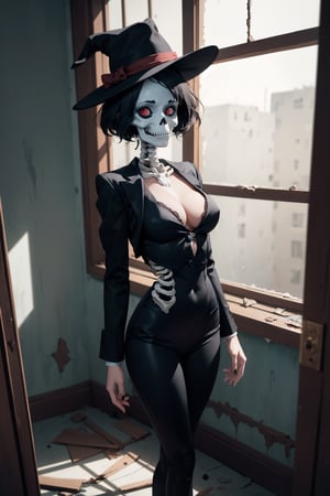 Masterpiece, 1girl, spooky skeleton stands in an abandoned house, wearing a black suit and a hat. He has no flesh and red eyes, looking at the viewer with humor, cleavage 