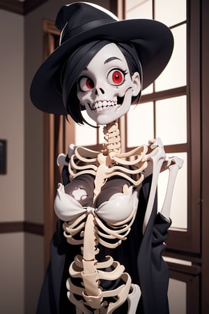 Masterpiece, 1girl, spooky skeleton stands in an abandoned house, wearing a black suit and a hat. He has no flesh and red eyes, looking at the viewer with humor, cleavage ,3DMM