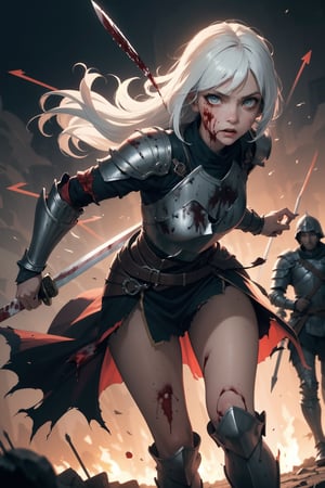 Highres, best quality, extremely detailed, area lighting in background, HD, 8k, 1girl, white hair, armor, fiery eyes, running, holding a sword, overlooking an army, horror style, area lighting in background, torn clothes, absurdress, blood, blood splatter, flying arrows