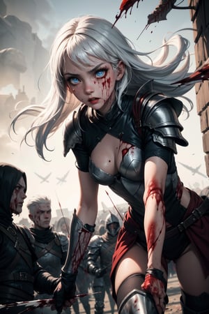 Highres, best quality, extremely detailed, area lighting in background, HD, 8k, 1girl, white hair, female assassin, armor, fiery eyes, (perfect eyes:1.2) running, overlooking an army, horror style, area lighting in background, torn clothes, absurdress, blood, blood splatter, flying arrows