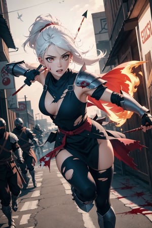 Highres, best quality, extremely detailed, area lighting in background, HD, 8k, 1girl, white hair, armor, female ninja, fiery eyes, running, overlooking an army, horror style, area lighting in background, torn clothes, absurdress, blood, blood splatter, flying arrows