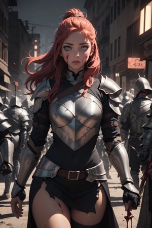 Highres, best quality, extremely detailed, area lighting in background, HD, 8k, 1girl, female archer, armor, fiery eyes, overlooking an army, horror style, area lighting in background, torn clothes, absurdress, blood