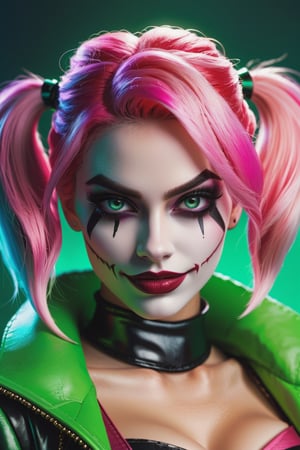 The Dark Harley Quinn with pink Evil Light eyes and lighting green thunder Dc , scary, Classic Academia, Flexography, ultra wide-angle, Game engine rendering, Grainy, Collage, analogous colors, Meatcore, infrared lighting, Super detailed, photorealistic, food photography, Cycles render, 4k, dance joke prank laugh,Leonardo style ,cinematic  moviemaker style