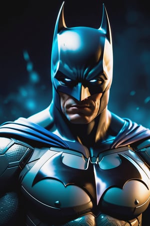 The Dark batman with black Evil Light eyes and lighting Blue thunder Dc , scary, Classic Academia, Flexography, ultra wide-angle, Game engine rendering, Grainy, Collage, analogous colors, Meatcore, infrared lighting, Super detailed, photorealistic, food photography, Cycles render, 4k,  laugh, Leonardo style ,cinematic  moviemaker style