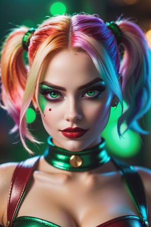 Harley Quinn with Green Evil Light eyes and lighting green thunder Dc , scary, Classic Academia, Flexography, ultra wide-angle, Game engine rendering, Grainy, Collage, analogous colors, Meatcore, infrared lighting, Super detailed, photorealistic, food photography, Cycles render, 4k, dance joke prank laugh,Leonardo style ,cinematic  moviemaker style