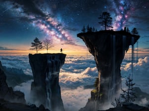 a cave that has waterfalls and trees and beautiful galaxies sky birds flying above the clouds there is no one there only trees waterfalls and clouds 4D,	 SILHOUETTE LIGHT PARTICLES