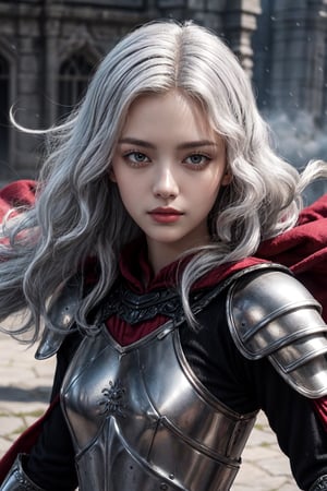 (Princess Rhaenyra Targaryen, long silver-white hair, light-purple eyes, detailed red and black armor, holding a magical dagger, serious mood), strong wind, destroyed small town background::1.3, colorful detailed magic effect::1.2, detailed light, fighting atmosphere, daylight, sunny day::1.2
