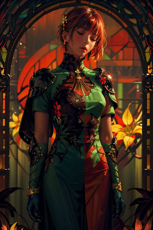 woman, stainedglass flower dress, colorful, darl background,flower stainedglass armor, blue green theme, exposure blend, medium shot, bokeh, (hdr:1.4), high contrast, (cinematic, red and orange:0.85), (bright colors, dim colors, soothing tones:1.3), low saturation,