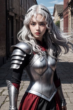 (Princess Rhaenyra Targaryen, long silver-white hair, light-purple eyes, detailed red and black armor, holding a magical dagger, serious mood), strong wind, destroyed small town background::1.3, colorful detailed magic effect::1.2, detailed light, fighting atmosphere, daylight, sunny day::1.2
