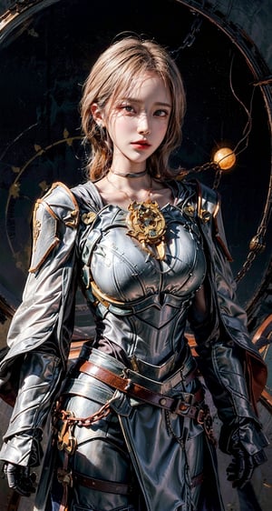 Female Paladin wearing Pink Chain Shirt Armor with Moonlit Edges , Copper Alchemist Robe with Transmutation Circles: Transmutation circles are intricately woven into the fabric, representing alchemical knowledge., (Tallow,Vessel color background:1.3), kisara