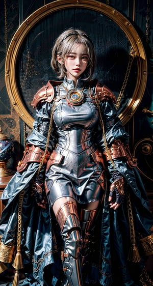 Female Paladin wearing gold Chain Shirt Armor with Moonlit Edges , Copper Alchemist Robe with Transmutation Circles: Transmutation circles are intricately woven into the fabric, representing alchemical knowledge., (Tallow,Vessel color background:1.3), kisara,mecha musume