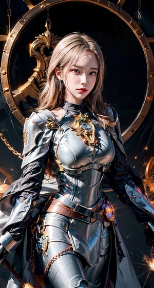 Female Paladin wearing Silver|Pink Chain Shirt Armor with Moonlit Edges , Copper Alchemist Robe with Transmutation Circles: Transmutation circles are intricately woven into the fabric, representing alchemical knowledge., (Tallow,Vessel color background:1.3),  