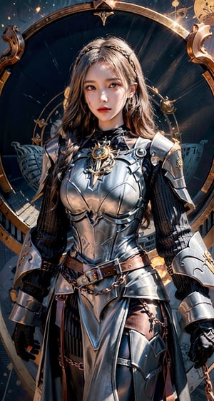 Female Paladin wearing Silver and Pink Chain Shirt Armor with Moonlit Edges , Copper Alchemist Robe with Transmutation Circles: Transmutation circles are intricately woven into the fabric, representing alchemical knowledge., (Tallow,Vessel color background:1.3),  