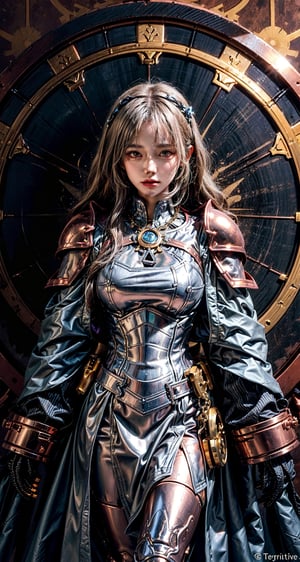 Female Paladin wearing gold Chain Shirt Armor with Moonlit Edges , Copper Alchemist Robe with Transmutation Circles: Transmutation circles are intricately woven into the fabric, representing alchemical knowledge., (Tallow,Vessel color background:1.3), mecha musume
