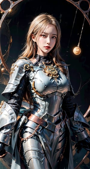 Female Paladin wearing Silver Chain Shirt Armor with Moonlit Edges , Copper Alchemist Robe with Transmutation Circles: Transmutation circles are intricately woven into the fabric, representing alchemical knowledge., (Tallow,Vessel color background:1.3),  