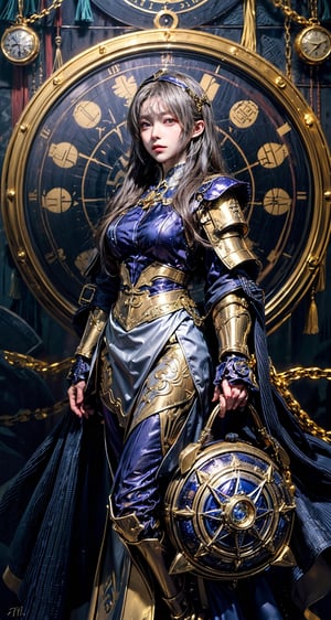 Female Paladin wearing Golden Chain Shirt Armor with Moonlit Edges, Silver Alchemist Robe with Transmutation Time Circles: Transmutation time circles are intricately woven into the fabric, representing alchemical knowledge, (Tallow, Vessel color background:1.3), mecha musume,