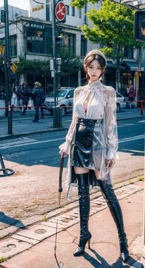 18s comely girl, joyful, dimpled face, huge breast, high heel, chainmail, metal reflections, horsing archery, on street, exposure sunlight, sunshine, 