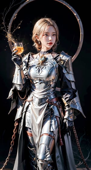 Female Paladin wearing Silver Chain Shirt Armor with Moonlit Edges , Copper Alchemist Robe with Transmutation Circles: Transmutation circles are intricately woven into the fabric, representing alchemical knowledge., (Tallow,Vessel color background:1.3),  