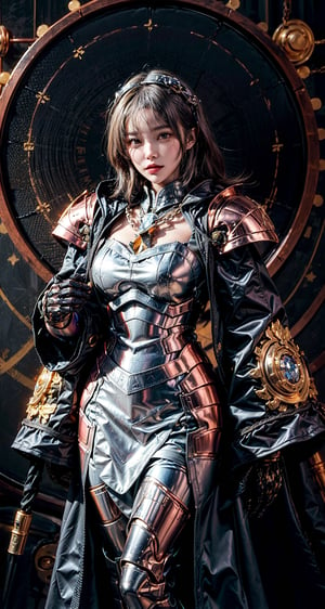 Female Paladin wearing gold Chain Shirt Armor with Moonlit Edges , Copper Alchemist Robe with Transmutation Circles: Transmutation circles are intricately woven into the fabric, representing alchemical knowledge., (Tallow,Vessel color background:1.3), kisara,mecha musume