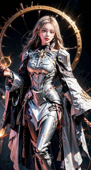 Female Paladin wearing Silver and Pink Chain Shirt Armor with Moonlit Edges , Copper Alchemist Robe with Transmutation Circles: Transmutation circles are intricately woven into the fabric, representing alchemical knowledge., (Tallow,Vessel color background:1.3),  