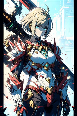 Shulk from Xenoblade, weapon monado, perfect anatomy, perfect face, perfect draw lines
