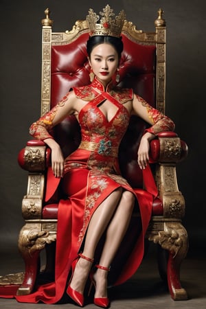 A Chinese Queen sitting in a throne wearing high heels crossing leg